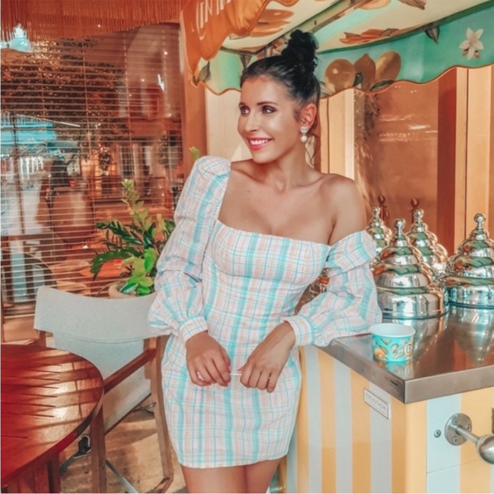 MAJORELLE Harlow Mini Dress in Pastel Plaid